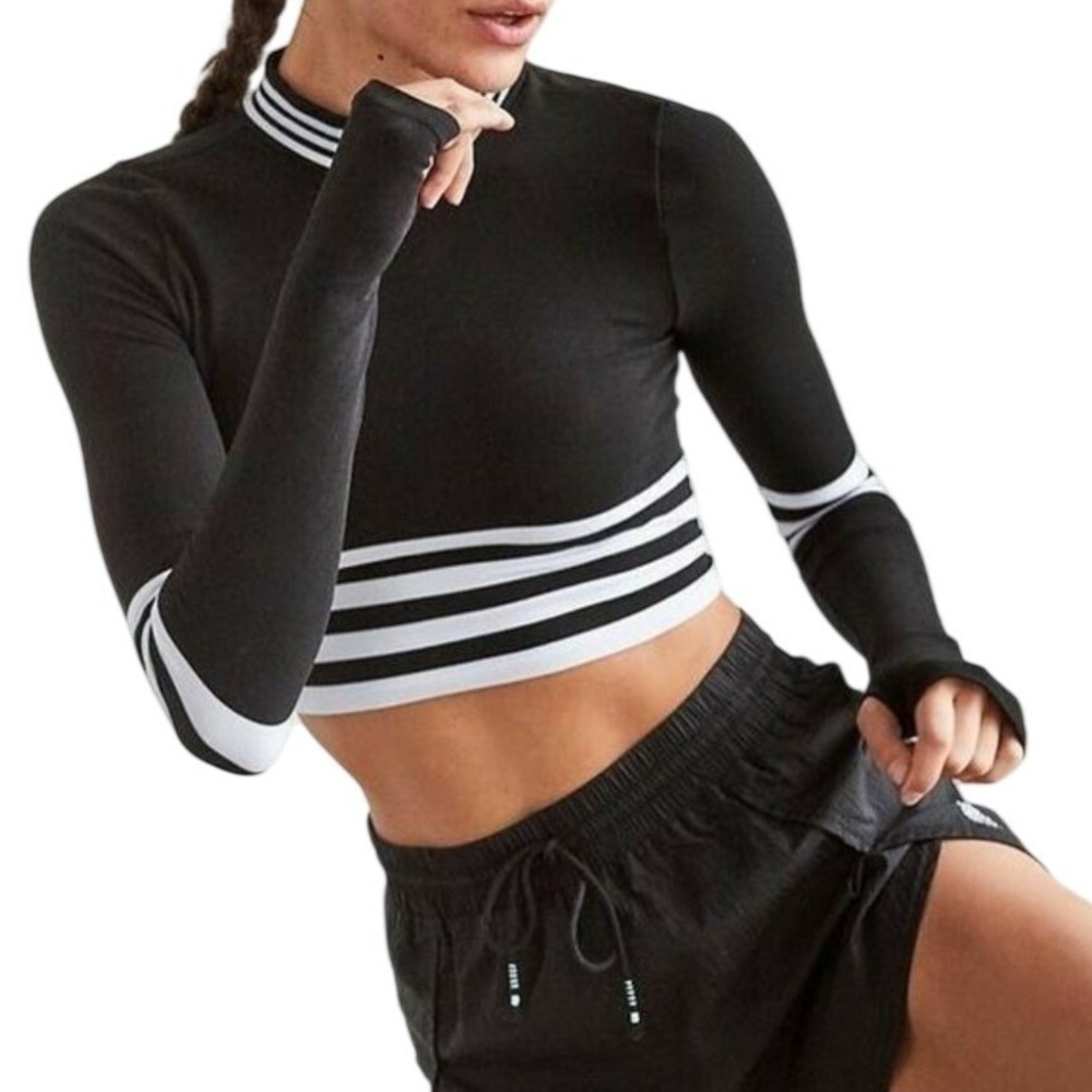 FREE PEOPLE Movement Triumph Stripe Crop Top Women's Medium Black Athleisure Y2K - Picture 2 of 13